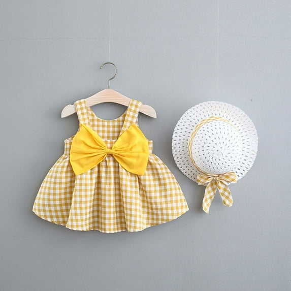 LoyisViDion Baby Girls Dress Clearance Toddler Kids Baby Girl Summer Bowknot Bowknot Checked Sling Dress with Hat Gold 2-3years