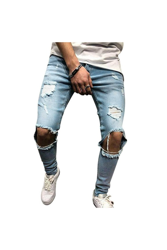 Casual Men's Jeans Men Casual Fashion Solid Button Zipper Custom Fit Irregular Ripped