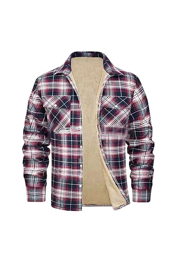 Clearance Men's Fleece Jacket, Warm Button Down Men Zipper Casual Fashion Thicken Lattice Turn-down Collar Long Sleeve Jacket