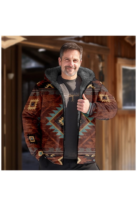 Clearance Mens Jacket Tops Men's Fashion Ethnic Style Printed Pocket Zipper Long Sleeve Plush Hooded Casual Coat