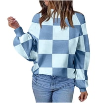 Azrian Clearance Sweater for Women, Long Sleeve Crewneck Knitted Tops Pullover Sweater Women's New Checkered Round Neck Long Sleeved Knitted Sweater