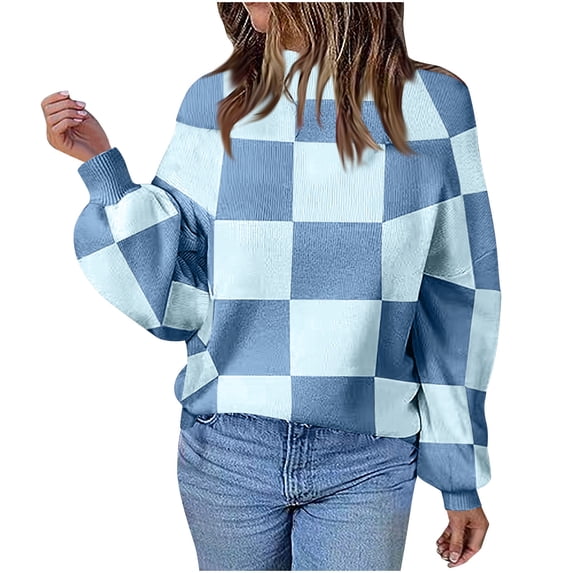 Azrian Clearance Sweater for Women, Long Sleeve Crewneck Knitted Tops Pullover Sweater Women's New Checkered Round Neck Long Sleeved Knitted Sweater