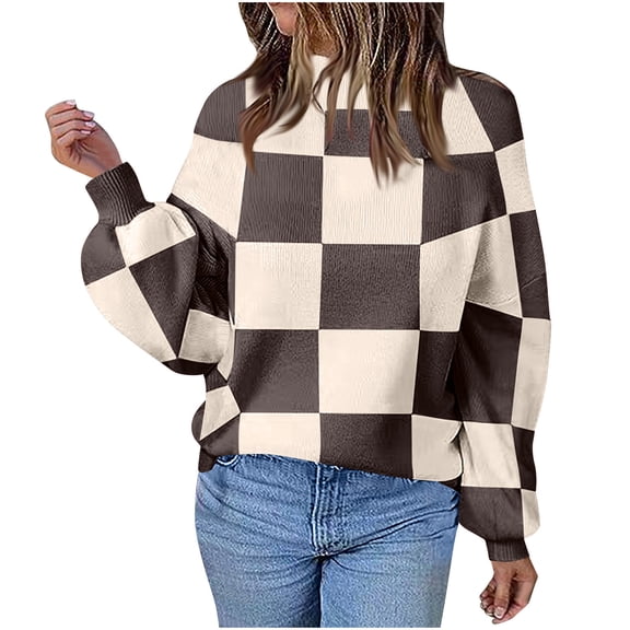 Azrian Clearance Sweater for Women, Long Sleeve Crewneck Knitted Tops Pullover Sweater Women's New Checkered Round Neck Long Sleeved Knitted Sweater