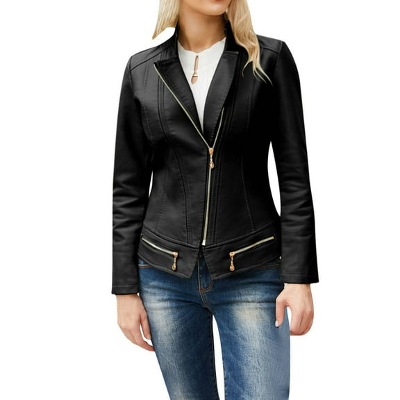 Azrian Clearance Tops Plus Size Women's Leather Long Sleeved Short Hoodless Faux Leather Outwear Lapel Jacket