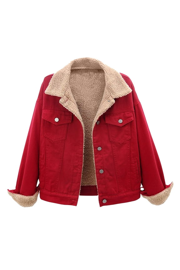 Clearance Women's Denim Jacket, Winter Women Warm And Versatile Spliced Lamb Hair Thickened Plush Denim Jacket