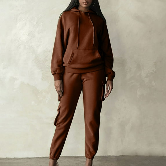 Azrian Clearance Women's Hooded Suit, Breathable Loungewear Sweat 2PCS Outfit Ladies Solid Color Hooded Sweater Beamed Workwear Trousers Casual Plush Long Sleeve Hooded Suit