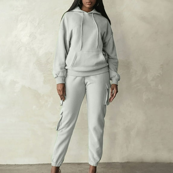 Azrian Clearance Women's Hooded Suit, Breathable Loungewear Sweat 2PCS Outfit Ladies Solid Color Hooded Sweater Beamed Workwear Trousers Casual Plush Long Sleeve Hooded Suit