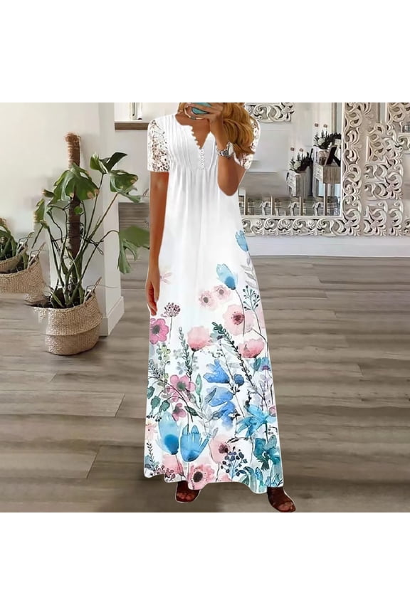 ,Womens Plus Size Dress,Women Casual V-Neck Short Sleeve Waist Buttons Printed Loose Dress in