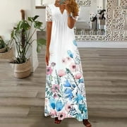 Azrian,Womens Plus Size Dress,Women Casual V-Neck Short Sleeve Waist Buttons Printed Loose Dress in
