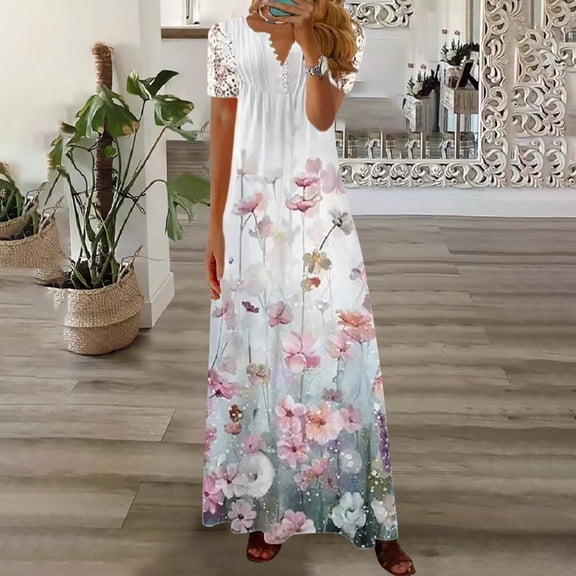 Azrian,Womens Plus Size Dress,Women Casual V-Neck Short Sleeve Waist Buttons Printed Loose Dress in