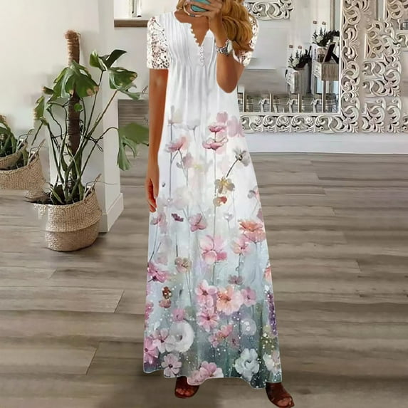 Azrian,Womens Plus Size Dress,Women Casual V-Neck Short Sleeve Waist Buttons Printed Loose Dress in