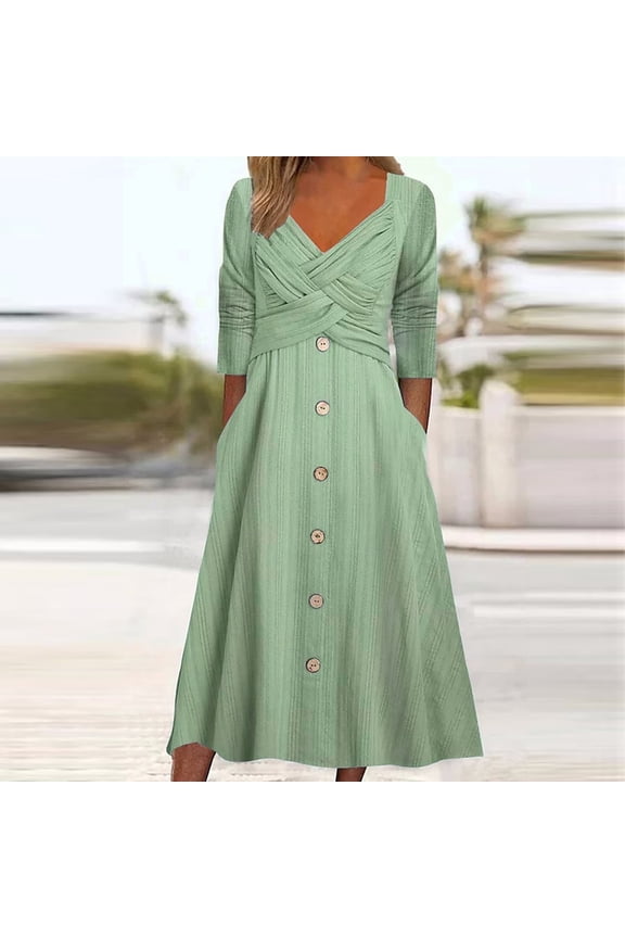 ,Womens Plus Size Dress,Women's Casual Loose Cross Strap V-neck Button Hem Dress in