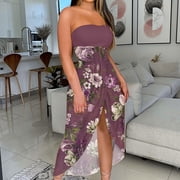 Azrian,Womens Plus Size Dress,Womens Summer Print Strapless Long Dress Beach Split Dress Party Club Dress in