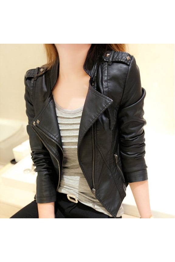 Azrian Zip-Up Faux Leather Jacket with Stand Collar - Trendy Women Leather Zipper Jacket Slim Biker Motorcycle Coat Punk Outwear
