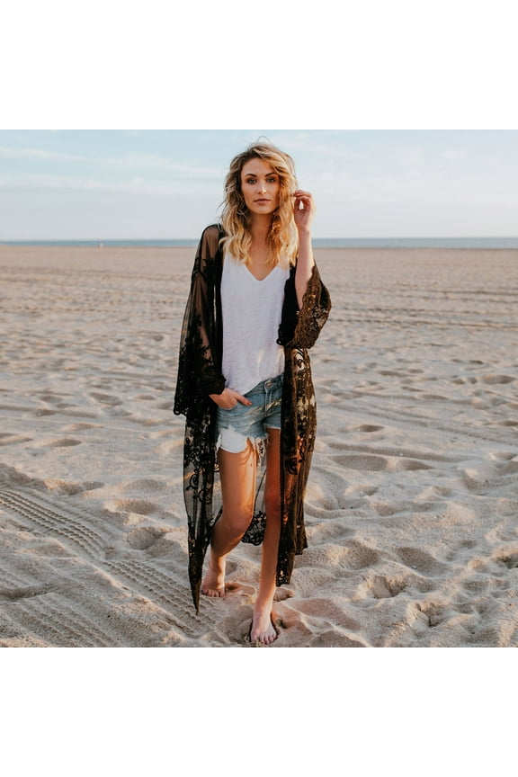 Azrian Coat Women Lace Bohemian Beach Long Oversized Kimono Coat Black One Size