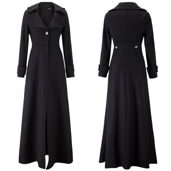 Azrian Coat Women's Casual Autumn and Winter Vintage Solid Long Woolen Coat Windbreaker Coat Black 12(XXL)