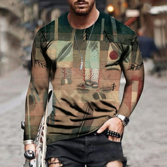 Azrian Mens Blouses Loose Round Neck 3D Print Long-Sleeve T-Shirt Tops