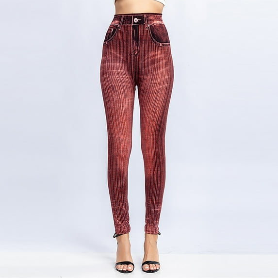 Azrian Deals Vertical Stripe Imitation Denim Leggings Show Thin Buttock Raising Capris Clearance