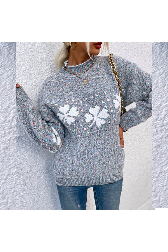 Women Color Bump Snow Printing Stitching Color Pocket Fall Winter Crop Workout Long Sleeve Cross O-Neck Sweater Casual Blouse Tops