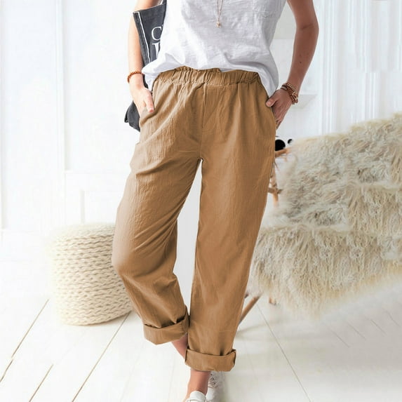 Azrian Deals Women's Plus Short Pants Clearance, Women Casual Solid Color Pockets Elastic Waist Comfortable Straight Pants