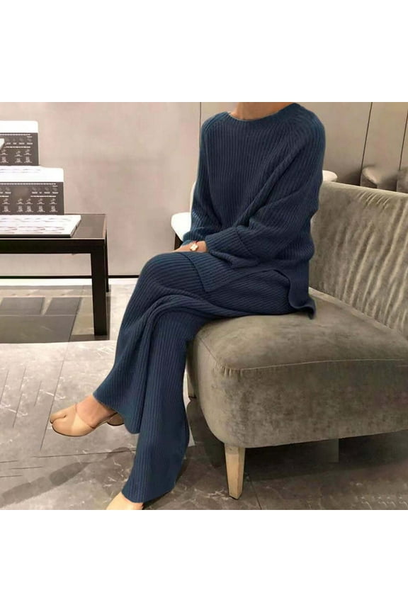 Womens Long Sleeve Plain Knitted Casual Two-Piece Blouse Pants Knitting Sweater
