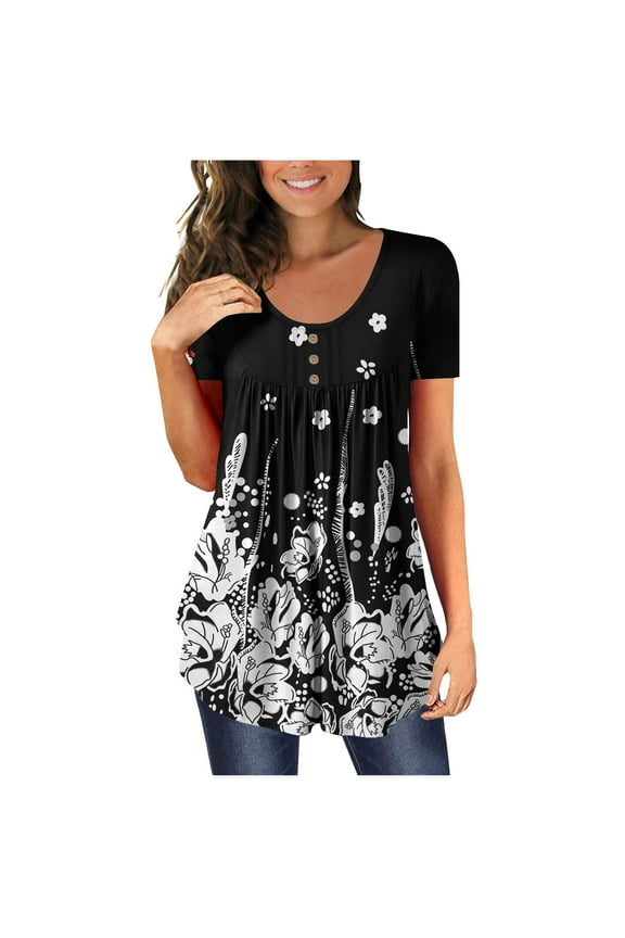 Womens Tunic Tops Short Sleeve Shirts Botton Up Casual Ruched Blouses Clothes