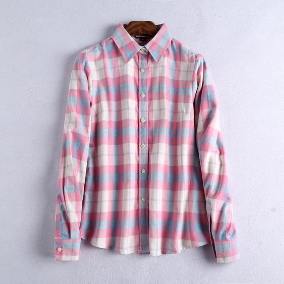 Azrian Fashion Women's Casual Top Loose Turndown Collar Buttoned Long Sleeve Sanding Plaid Print Blouse