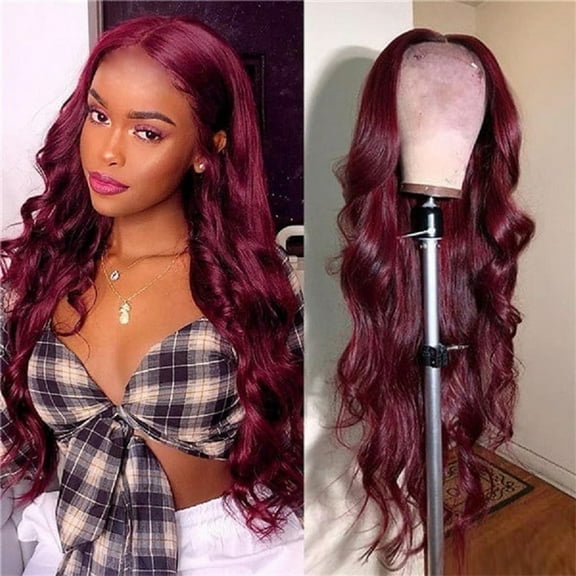 Azrian Glueless Wigs Human Hair,Middle Split Large Wave Wig,Long Curl Wig,Black Chemical Fiber High-temperature Silk,Wine Red Wig 28.37in Synthetic Heat Resistant