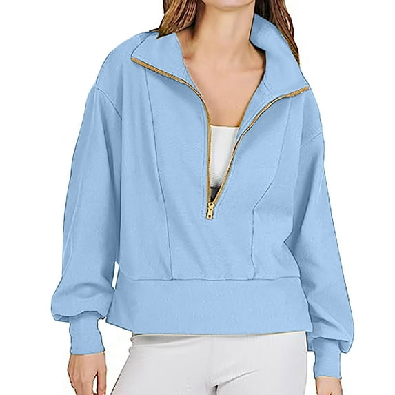 Azrian Hoodies for Womens Clearance,Womens Sweatshirts Clearance,Women Pure Color Half Zip Cropped Sweatshirt Casual Pullover Lapel Clothes Blouse Tops Deals for Winter 2023 on Sale