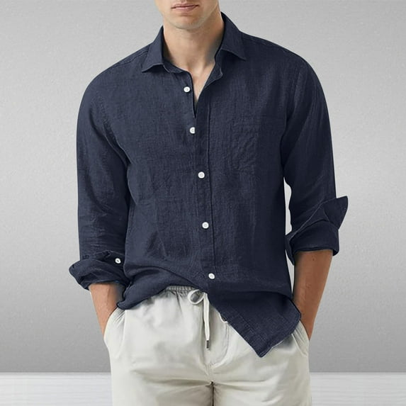 Azrian Long Sleeve with Turn-down Collar and Button Shirt for Men,Men's Cotton And Linen Solid Color Fashion Long-sleeved Lapel Top/shirt