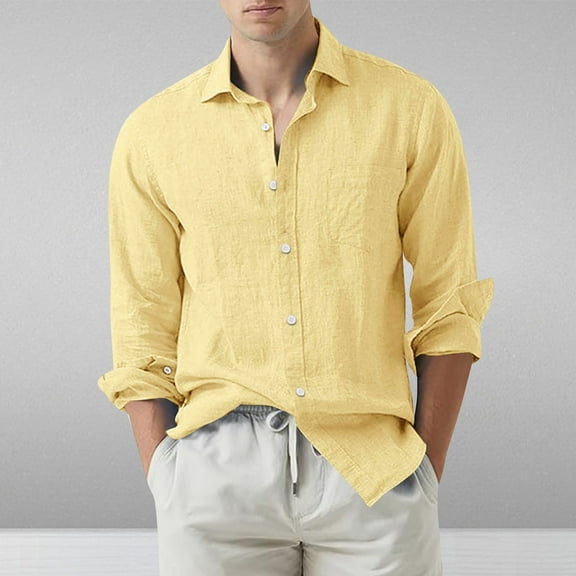 Azrian Long Sleeve with Turn-down Collar and Button Shirt for Men,Men's Cotton And Linen Solid Color Fashion Long-sleeved Lapel Top/shirt