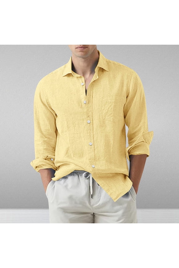 Long Sleeve with Turn-down Collar and Button Shirt for Men,Men's Cotton And Linen Solid Color Fashion Long-sleeved Lapel Top/shirt