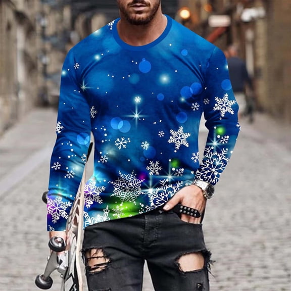 Azrian Men Casual Round Neck Long Sleeve Pullover Printed T-Shirt Blouse Tops