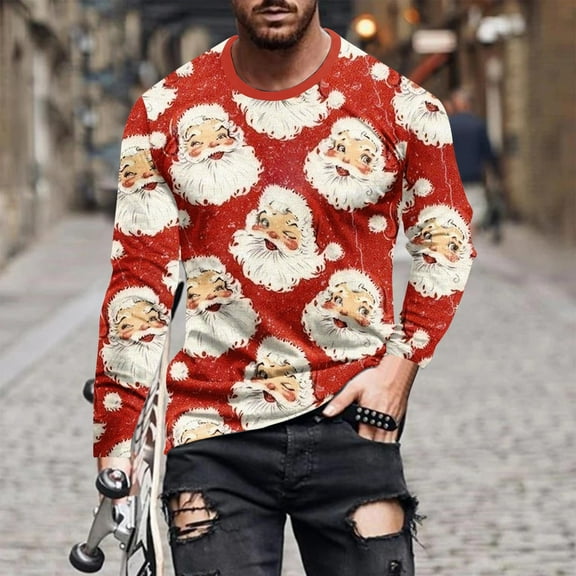 Azrian Men Casual Round Neck Long Sleeve Pullover Printed T-Shirt Blouse Tops