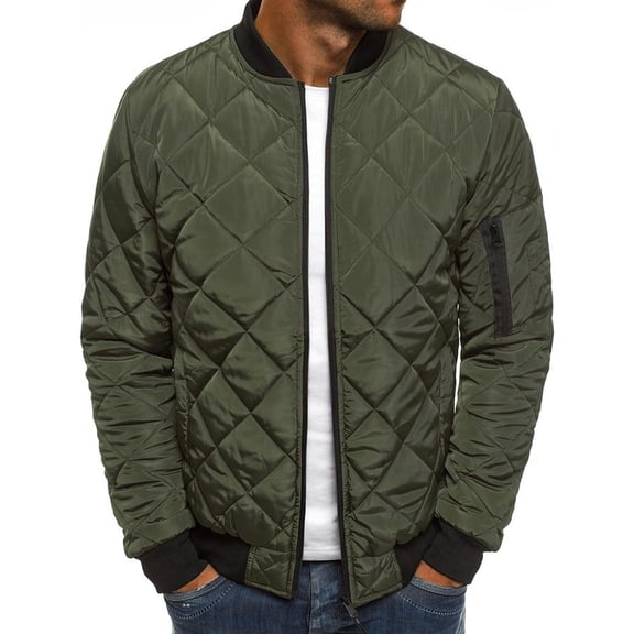 LoyisViDion Men Solid Casual Stand-Up Collar Zipper Diamond Stitched Pocket Jacket Coats Army Green 4(S)
