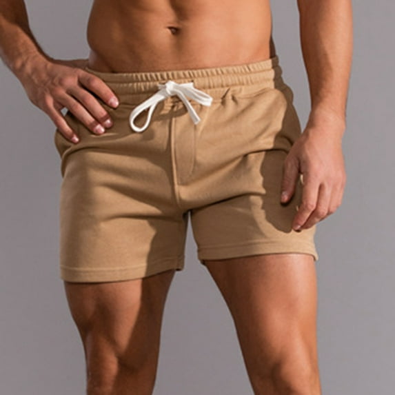 Azrian Men Solid Cotton Three-point Pants Sports Elastic Mid-waist Lace-up Shorts