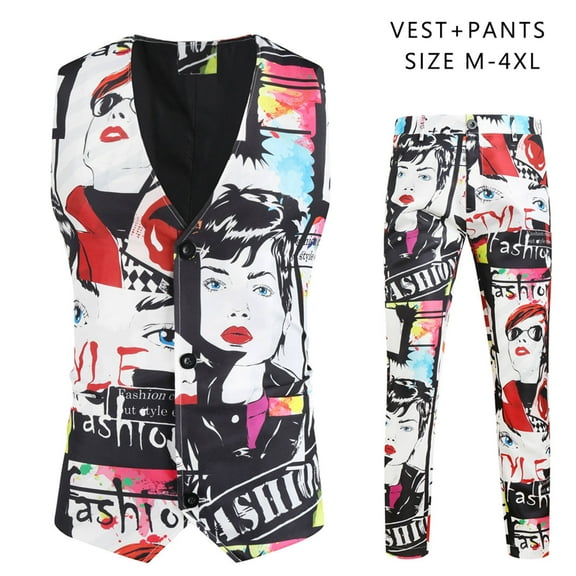 Azrian Men Suit Casual Light Business One-button 3D Face Print Waistcoat and Trousers Suit