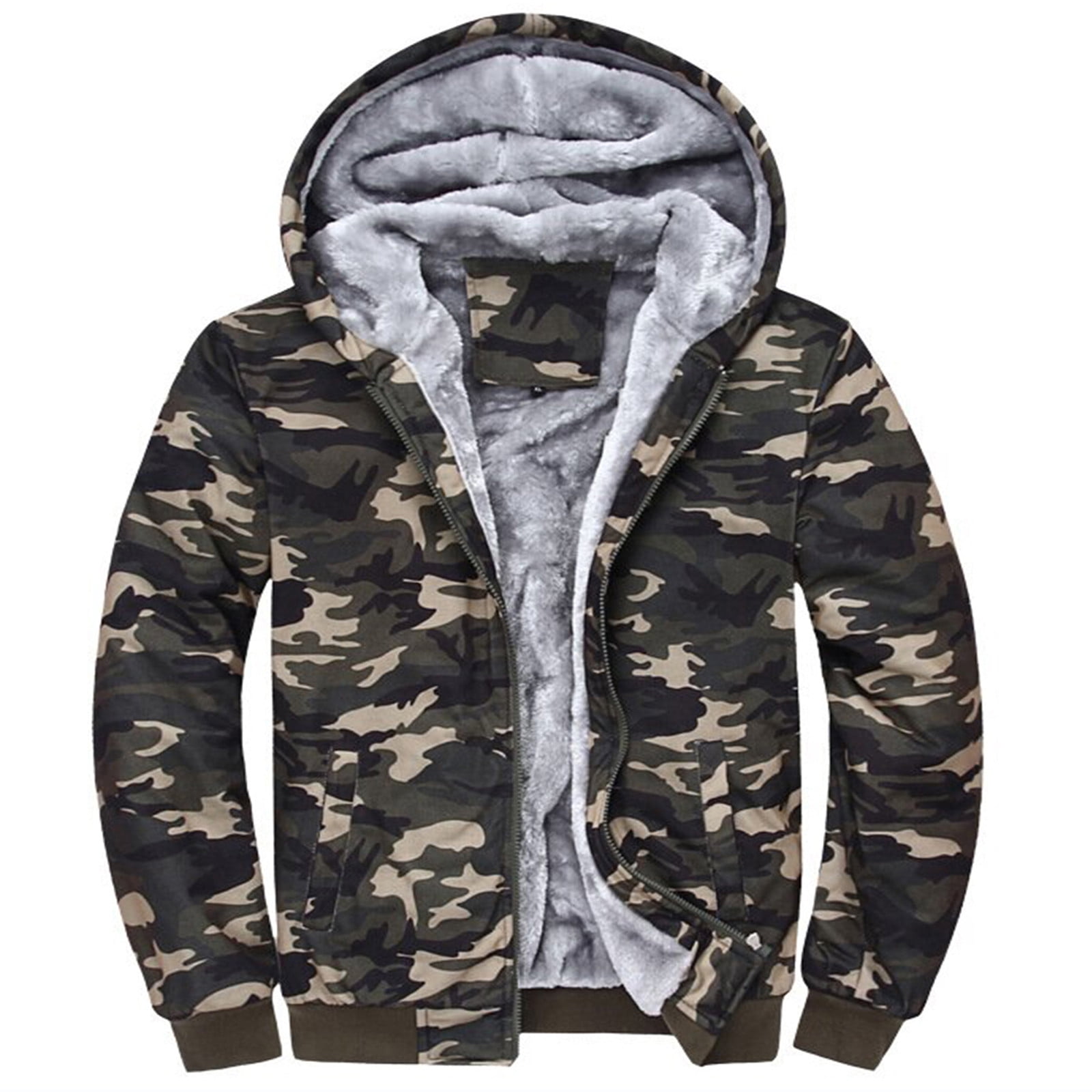 Khaki Zip-Up Fleece Hoodie Men's Winter Coat