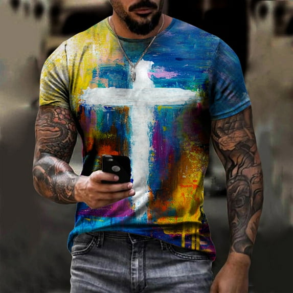 Azrian Men's Blouses Shirts,Mens Causal Button Shirts,Men's Unisex Daily T Shirt 3D Print Graphic Prints Cross Print Short Sleeve Tops Casual Blouse Boy Trendy
