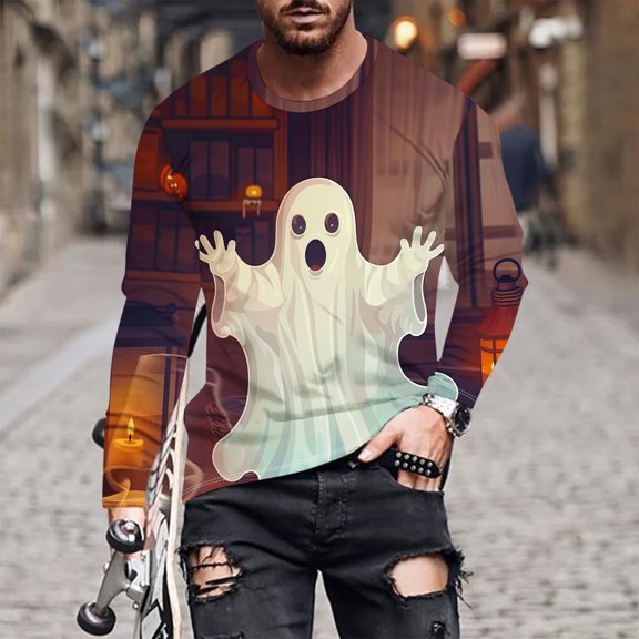 Azrian Men's Casual Pullover Long Sleeve Halloween Men's Printed Long Sleeved Top Long Sleeved Round Neck Top