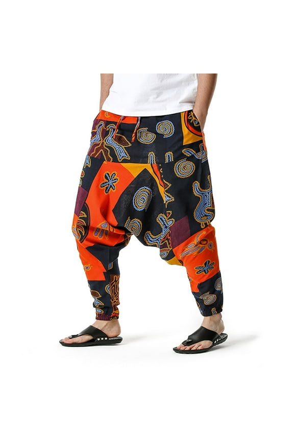 Men's Hippie Pants Baggy Boho Trousers Linen Drawstring Harem Yoga Long Pants