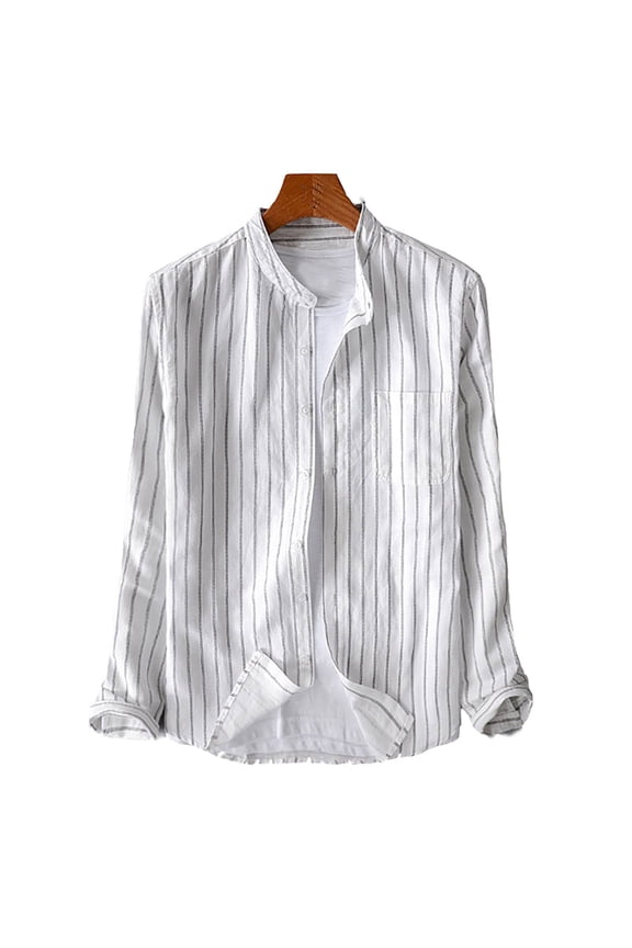 Men's Long Sleeve Flannel Shirt Men's Striped Cotton Linen Shirt Long Sleeved Standing Collar Button Up Shirt Fashionable Casual Shirt Top Blouse