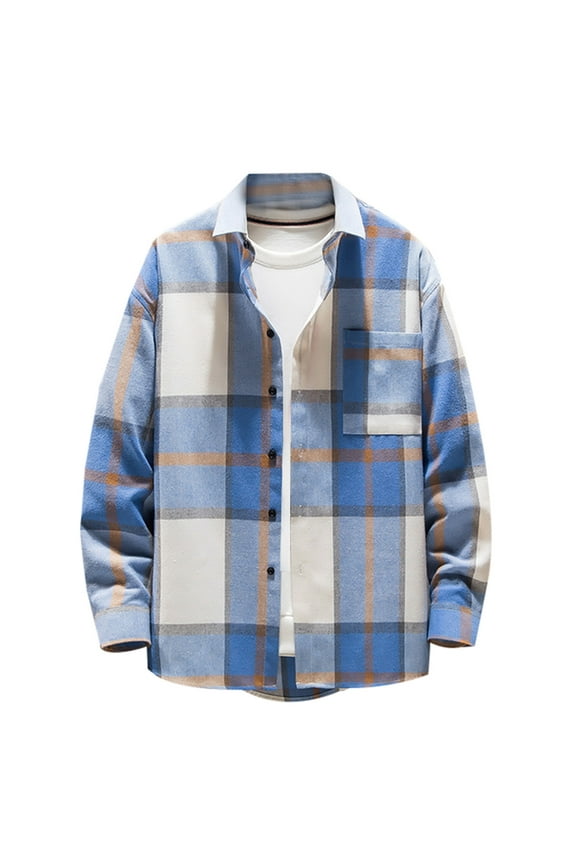 Men's Long Sleeve Hooded Flannel Shirt Men's Single-breasted Casual Plaid Woolen Shirt Jacket Top