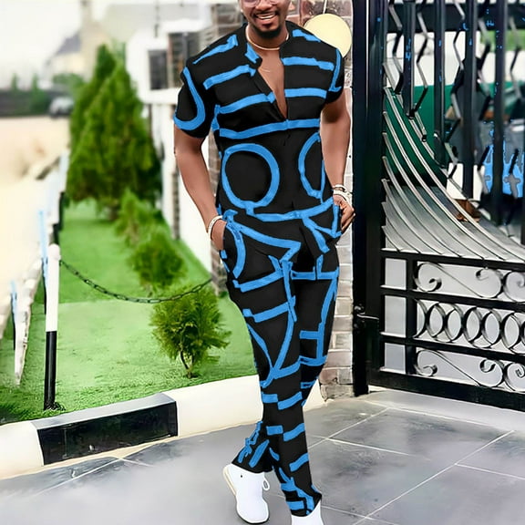 Azrian Men's Summer New Fashion Casual 2 Pieces Sets Men's Casual Button Cardigan Printed Short Sleeve Tops Long Pants Turn Down Collar Suit