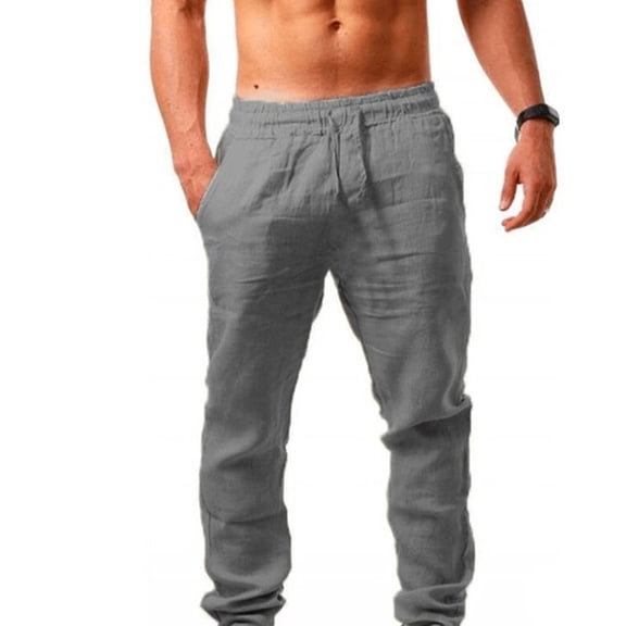 Azrian Mens Pants Elastic Solid Color Breathable Cotton Linen Loose Casual Daily Loungewear
