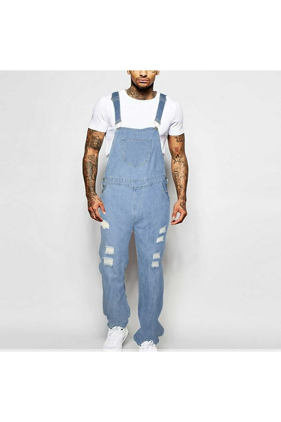 One Piece Denim Jumpsuit for Mens,Men's Plus Size Sets,Mens Causal Button Shirts,Men Casual Fashion Soid Breast Pocket Washed Ripped Denim Bib Long Cargo Pants Boy Trendy