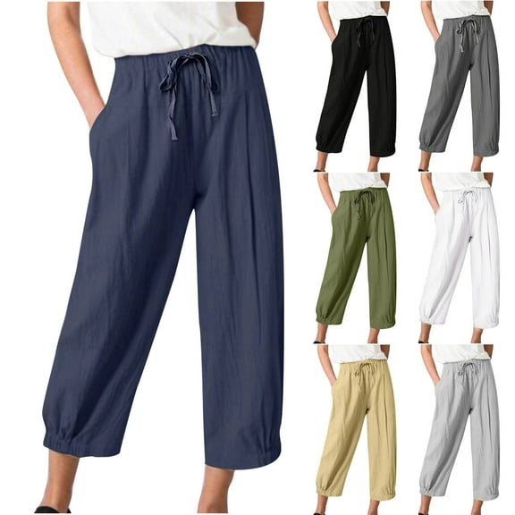 Azrian Pants for Women,Womens Plus Size Pants Casual Loose Solid Color Pockets Elastic Waist Comfortable Ankle-Length Trousers Pant