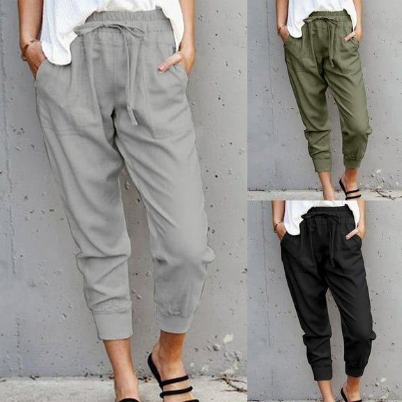 Azrian Pants for Women,Womens Plus Size Pants Casual Solid Cotton Linen Drawstring Elastic Waist Calf-Length Pencil Pant