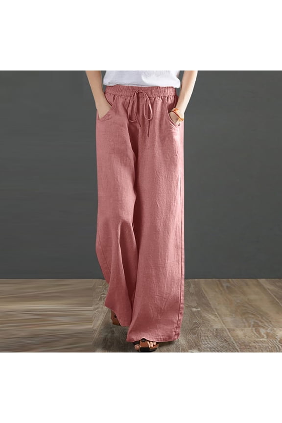 Pants for Women,Womens Plus Size Pants Cotton Linen Loose Drawstring Belt Casual Wide Leg Pant