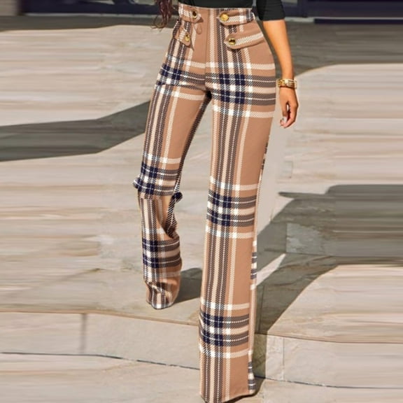 Azrian Pants for Women,Womens Plus Size Pants Fashion Casual Plaid Print Button Straight Slim Fit Suit Trousers